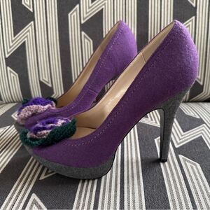 Primadonna Vera Pelle Purple Felt Wool Crochet Floral Peep Toe Pumps Size 10